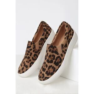 Lulus Dylann Leopard Suede Slip-on Flatform Sneakers Brown - Size 9